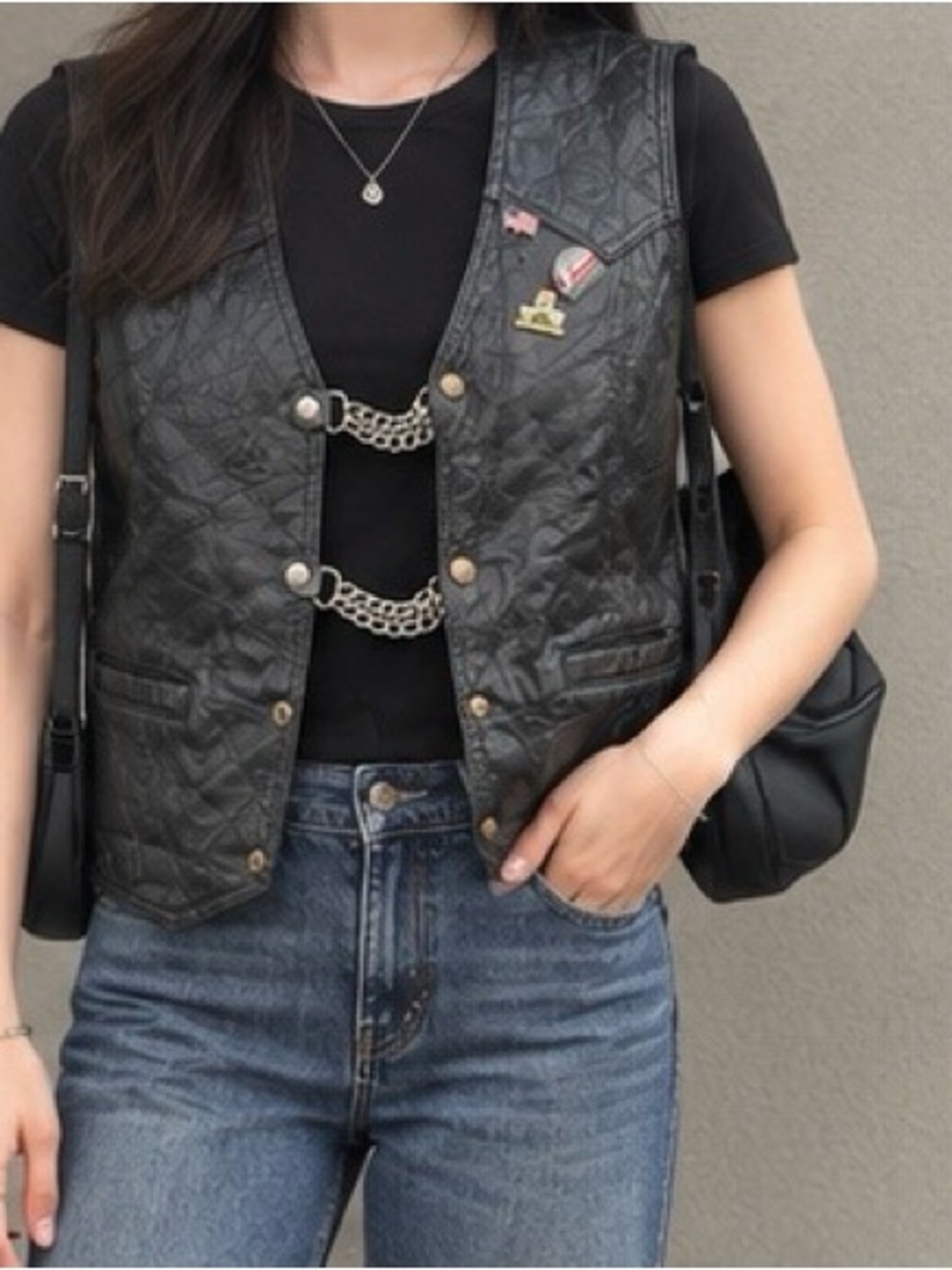 Vintage Black Leather Biker Vest – Size L